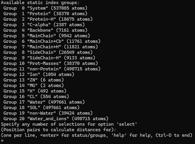 Group selection menu in gmx distance.