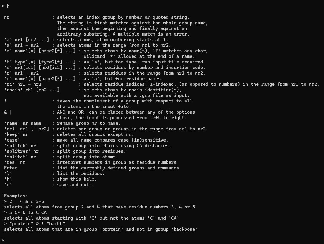 Help menu of gmx make_ndx