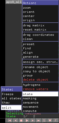 PyMOL graphical interface depicting the state > split options