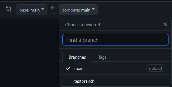 Drop-down box after clicking on "compare: main"