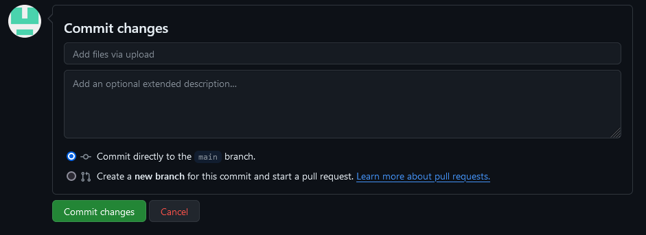 Commit changes prompt when uploading a file